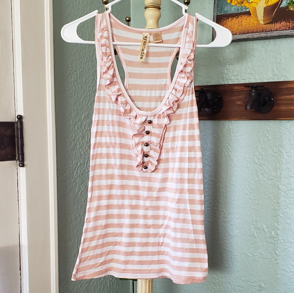 Women's Pink/White Striped Ruffle Button Racerback Top-Size Medium